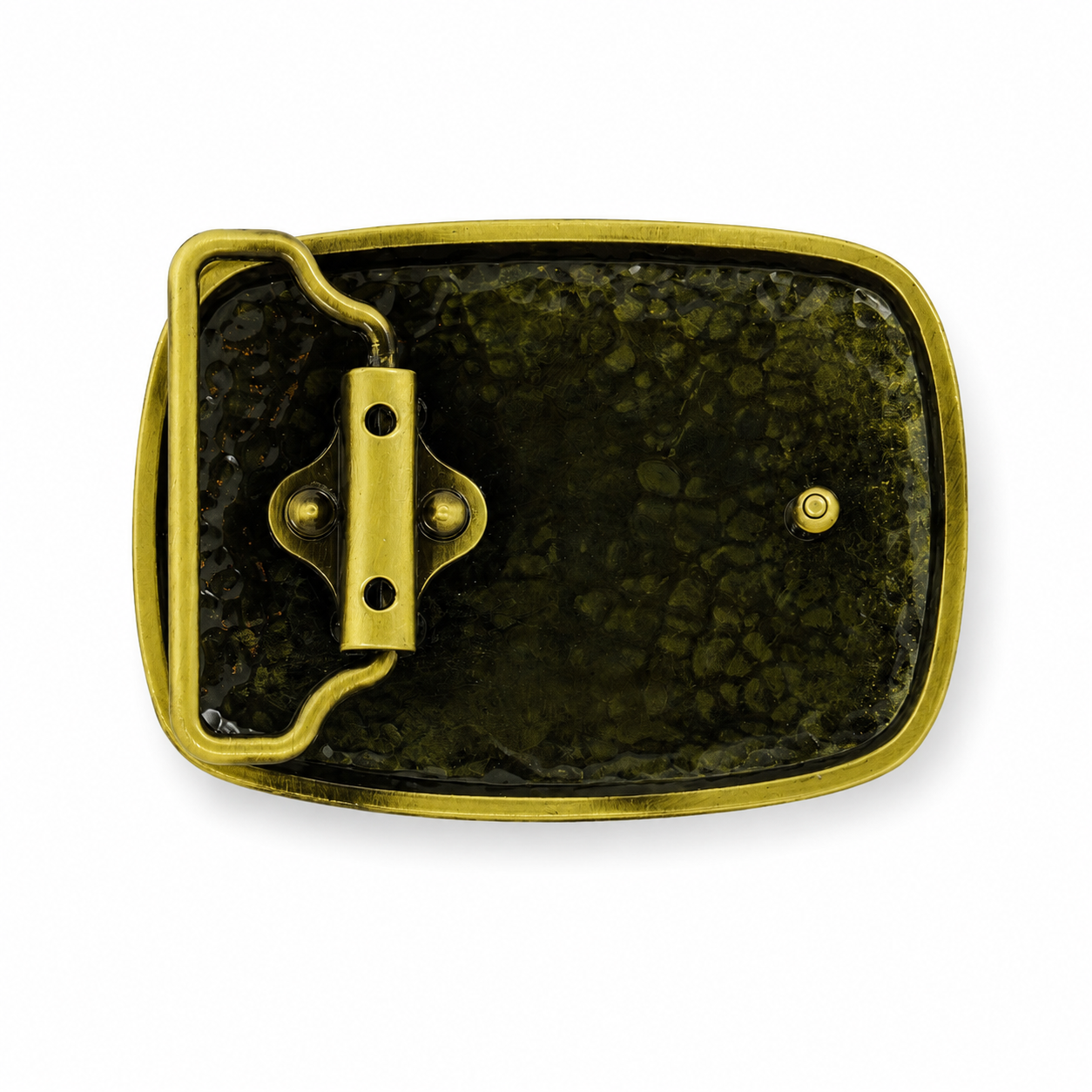 A rectangular belt buckle with a textured dark green and black patterned center, a polished gold-tone metal border, and a matching gold-tone buckle mechanism on a white background.