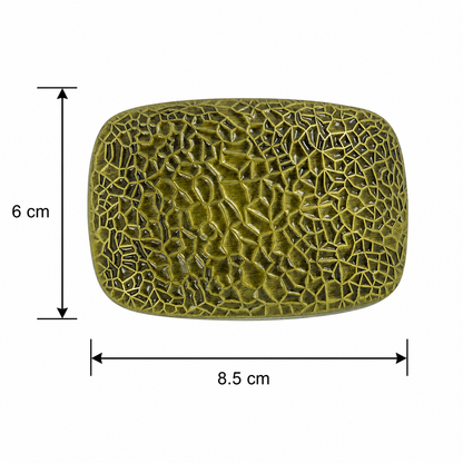 An olive brass textured rectangular box with rounded corners, shown with black dimension lines indicating a height of 6 cm and a width of 8.5 cm on a white background.