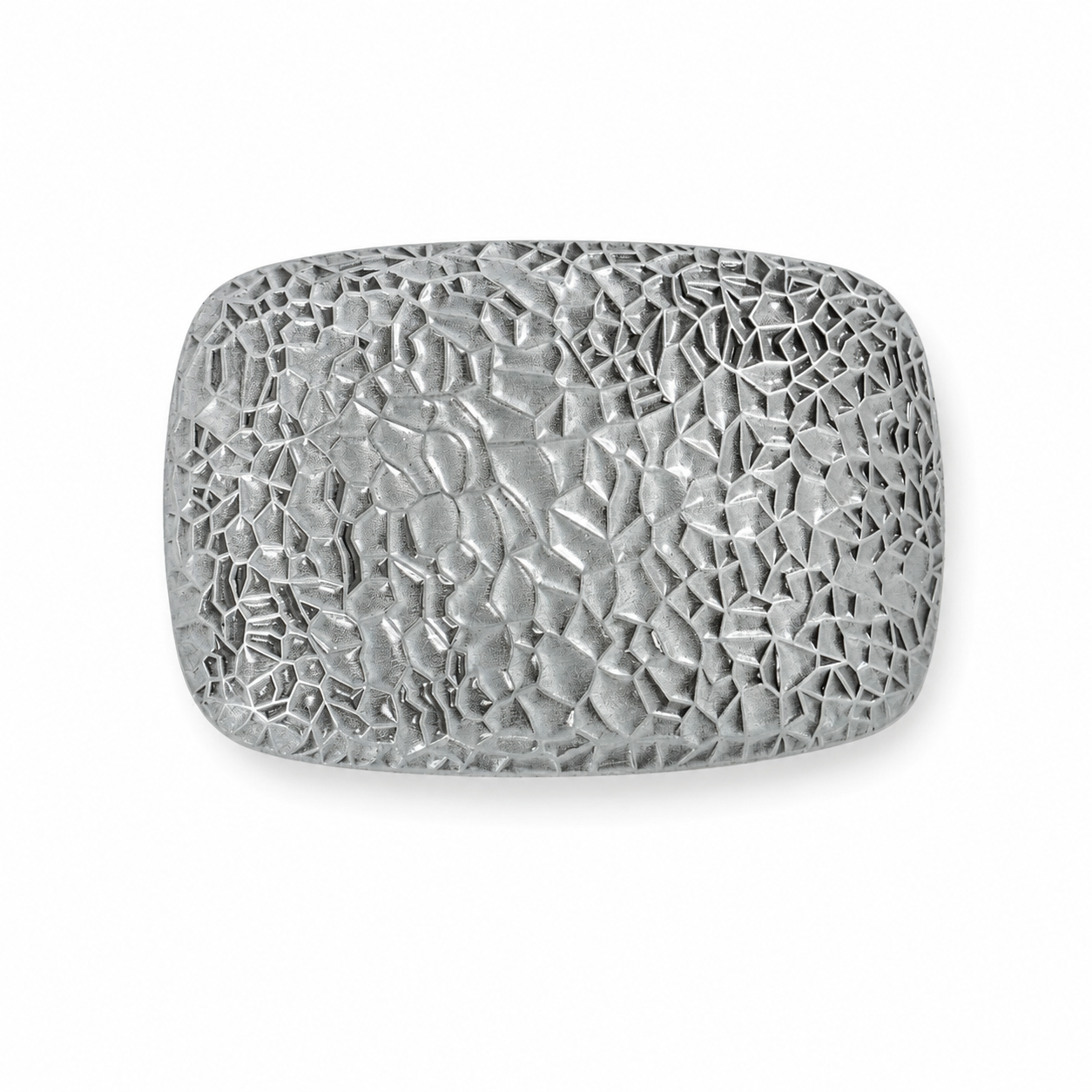 A silver-toned metal belt buckle with a textured, hammered, and cracked stone-like pattern, shown on a plain white background.