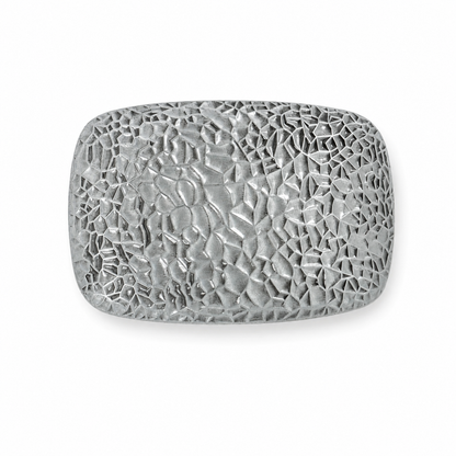 A silver-toned metal belt buckle with a textured, hammered, and cracked stone-like pattern, shown on a plain white background.