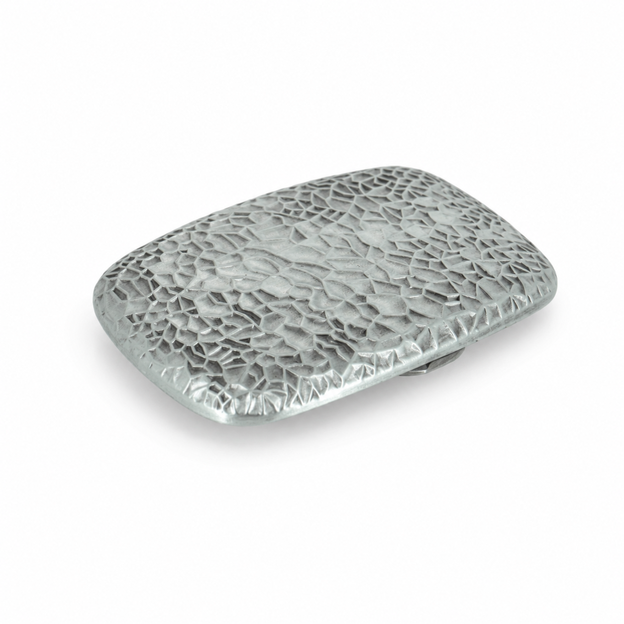 A silver-toned metal belt buckle with a textured, hammered surface and rounded rectangular shape, shown on a plain white background.