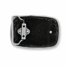 A close-up of the rear belt buckle with a textured black insert and a silver-toned metal frame and latch mechanism, shown on a plain white background.