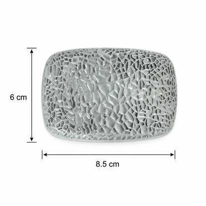 A silver textured belt buckle shown with dimension lines indicating a height of 6 cm and a width of 8.5 cm on a white background.