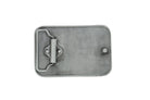 A rectangular gray metal belt buckle with a central pin and loop closure, photographed from above on a plain white background.