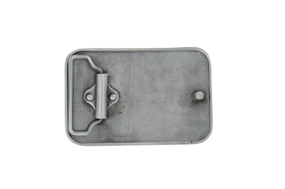 A rectangular gray metal belt buckle with a central pin and loop closure, photographed from above on a plain white background.