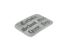 A rectangular gray metal belt buckle with rounded corners, featuring the gothic-style text 'Catholic School Girl WENT BAD' engraved on its front, set against a plain white background.