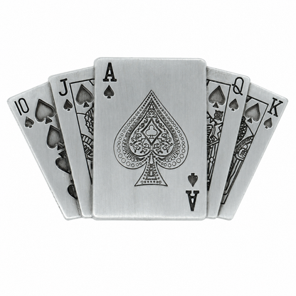 A set of five rectangular metal cards BELT BUCKLE shaped like playing cards, fanned out to show the backs and faces. The center card is an Ace of Spades with a brushed silver finish and engraved spade details, while the other cards show black spade symbols and suit markings on a white background.