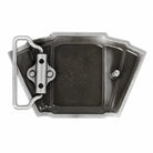 A rear view of a metal belt buckle with a rectangular insert, a central hinge clasp, and a flat looped bail on a plain white background.