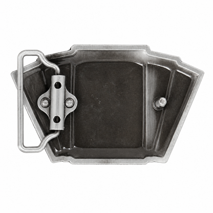 A rear view of a metal belt buckle with a rectangular insert, a central hinge clasp, and a flat looped bail on a plain white background.