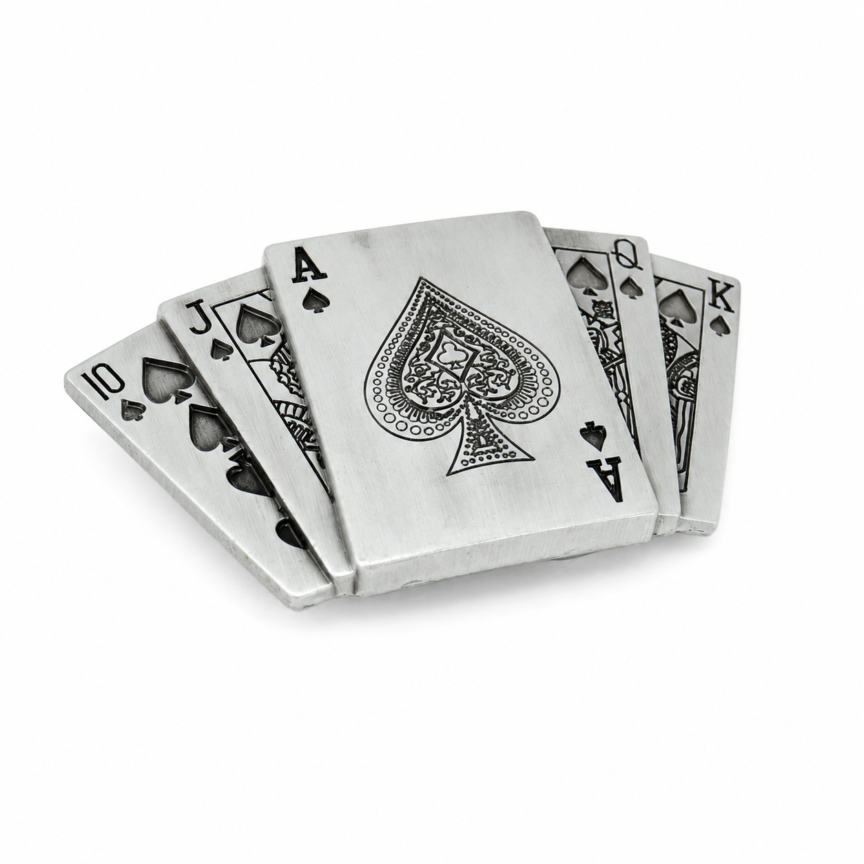A set of silver metal playing cards fanned out on a white background, featuring engraved black spade designs and card faces including 10, J, A, Q, and K.