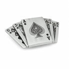 A set of silver metal playing cards fanned out on a white background, featuring engraved black spade designs and card faces including 10, J, A, Q, and K.