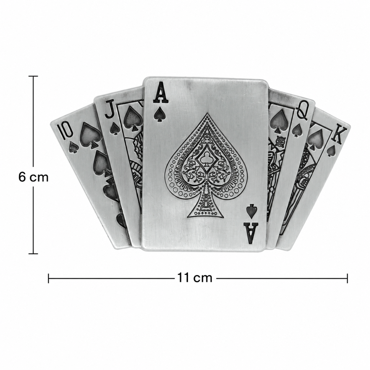 A set of five silver playing cards BELT BUCKLE  (10, J, A, Q, K of Spades) fanned out against a white background, with black dimension lines and text indicating a height of 6 cm and a width of 11 cm.