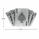 A set of five silver playing cards BELT BUCKLE  (10, J, A, Q, K of Spades) fanned out against a white background, with black dimension lines and text indicating a height of 6 cm and a width of 11 cm.