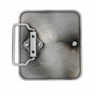Rear of a square metal belt buckle with a brushed silver finish and a matching metal keeper loop, shown on a plain white background.
