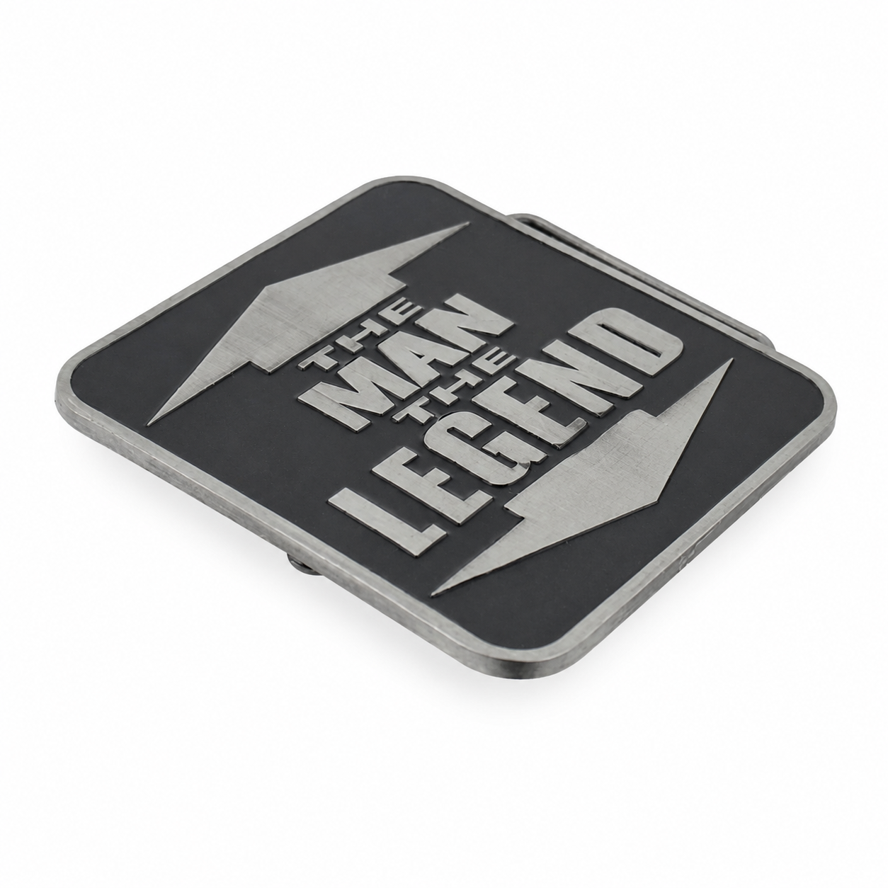 A rectangular black belt buckle with a silver metallic border and a bold silver design featuring the text 'THE MAN THE LEGEND' between two lightning bolts, shown on a plain white background.