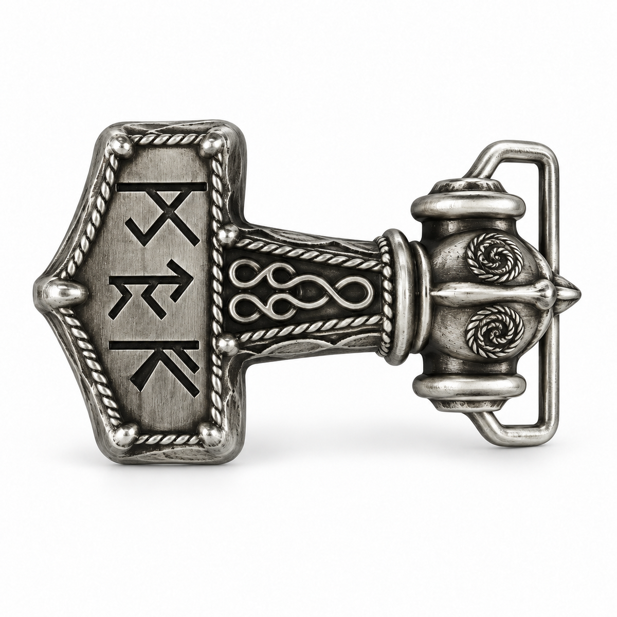 Silver Viking hammer belt buckle with dark rune-style symbols and decorative knotwork