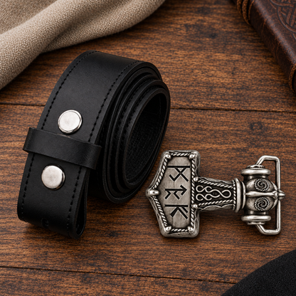 Silver Viking hammer buckle beside black 38 mm leather belt