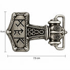 Viking hammer belt buckle size guide showing 7.5 cm by 6 cm dimensions