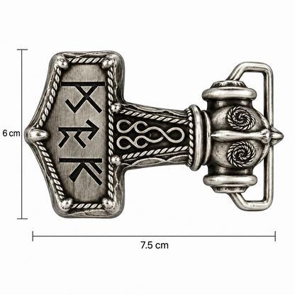 Viking hammer belt buckle size guide showing 7.5 cm by 6 cm dimensions