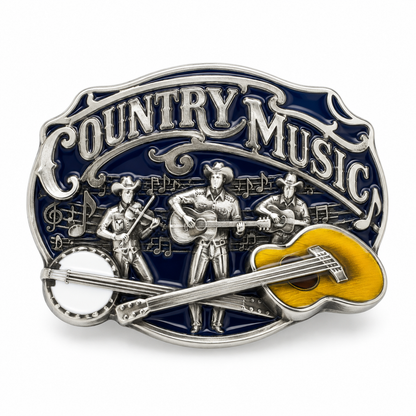Country Music belt buckle front view with musicians, guitars and raised silver-tone lettering