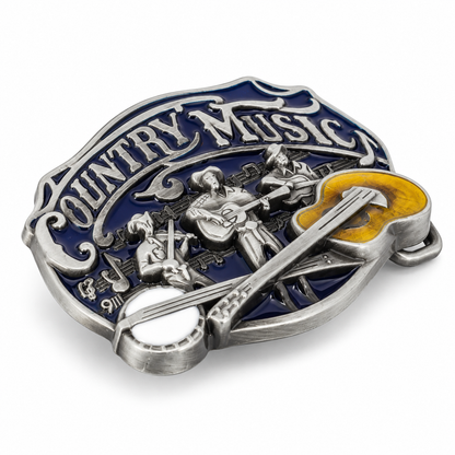 Angled view of Country Music metal belt buckle with guitar and band design