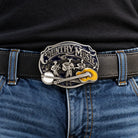 Country Music belt buckle worn with a black 38 mm leather belt