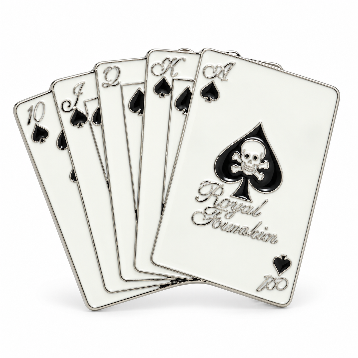 Royal Flush belt buckle front showing 10, Jack, Queen, King and skull Ace of Spades