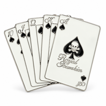 Royal Flush belt buckle front showing 10, Jack, Queen, King and skull Ace of Spades