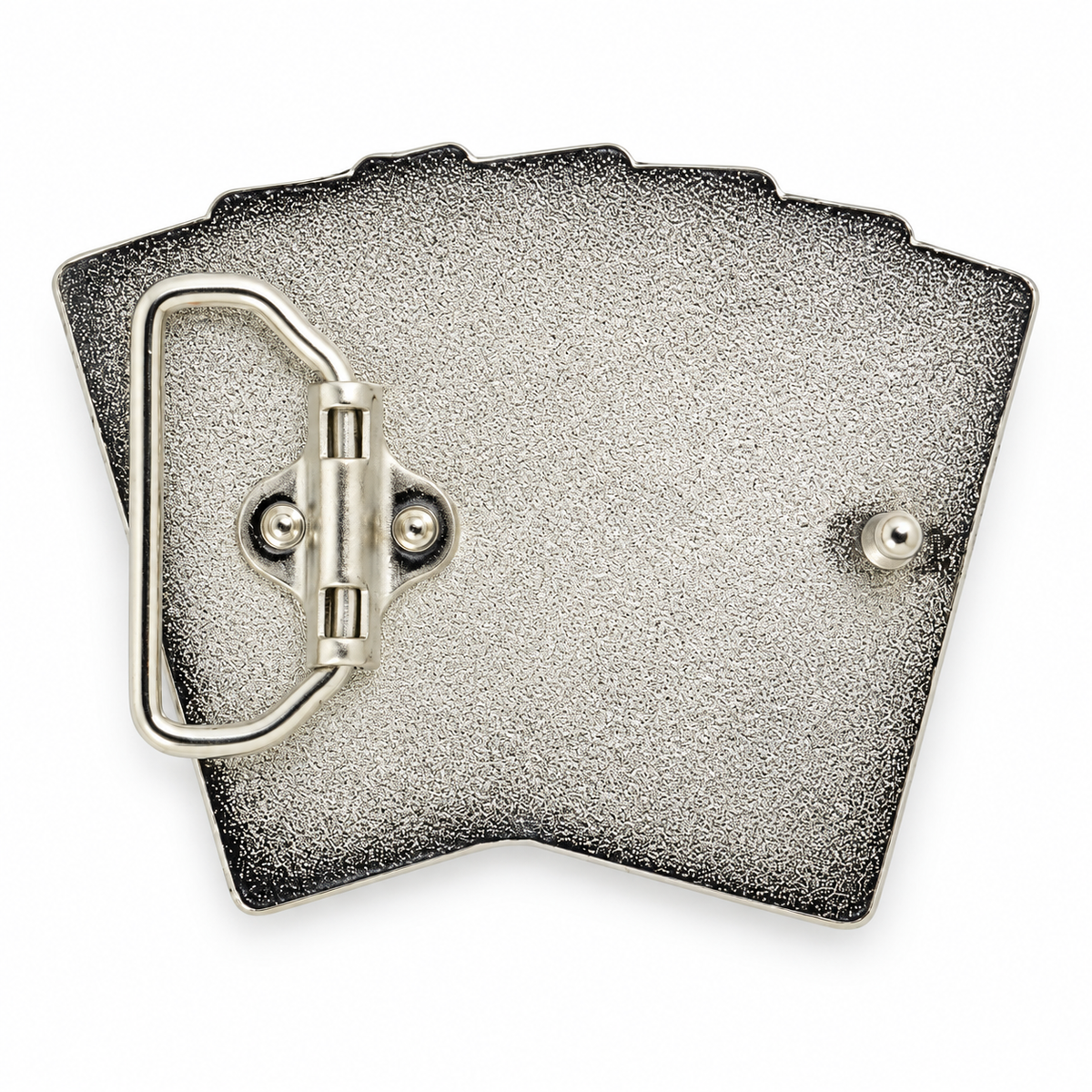 Rear of Royal Flush belt buckle showing silver-tone belt loop and fixing hook
