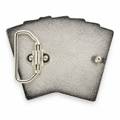 Rear of Royal Flush belt buckle showing silver-tone belt loop and fixing hook