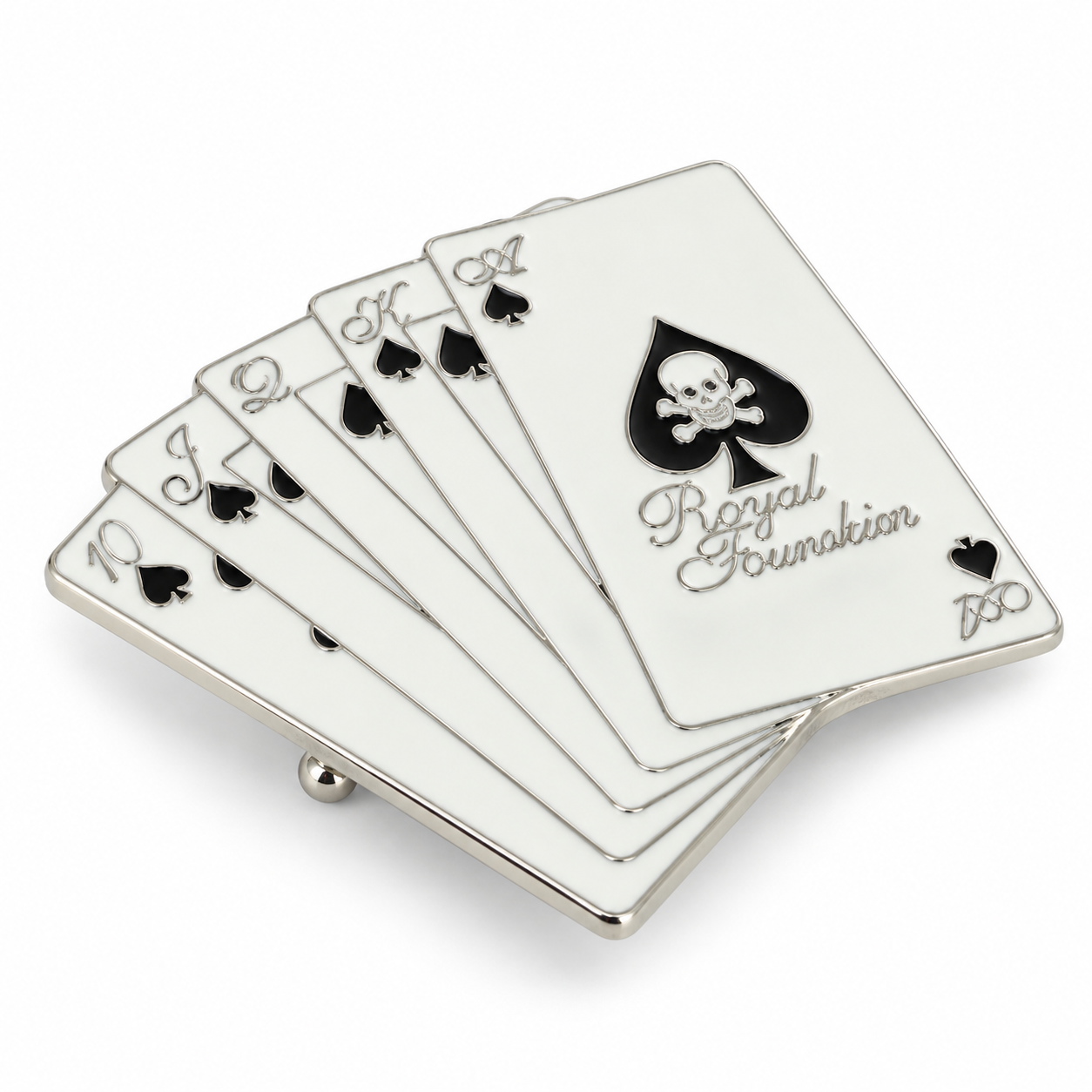 Angled view of white Royal Flush playing card belt buckle with skull Ace of Spades
