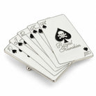 Angled view of white Royal Flush playing card belt buckle with skull Ace of Spades