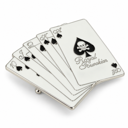 Angled view of white Royal Flush playing card belt buckle with skull Ace of Spades