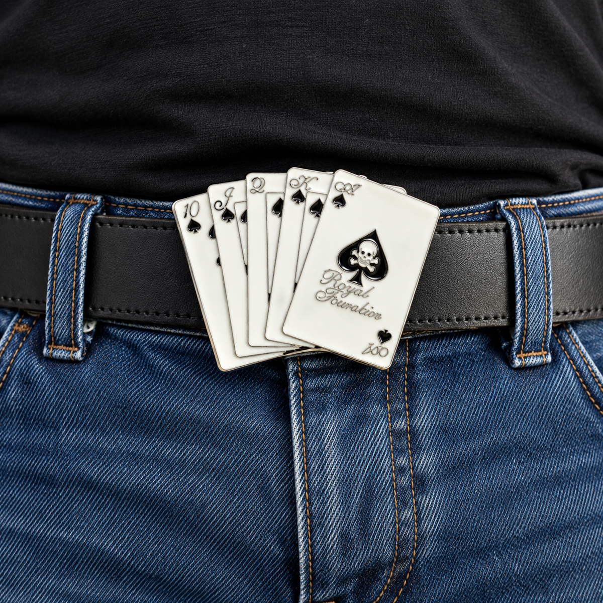 Royal Flush playing card belt buckle worn on a black leather belt