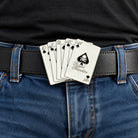 Royal Flush playing card belt buckle worn on a black leather belt