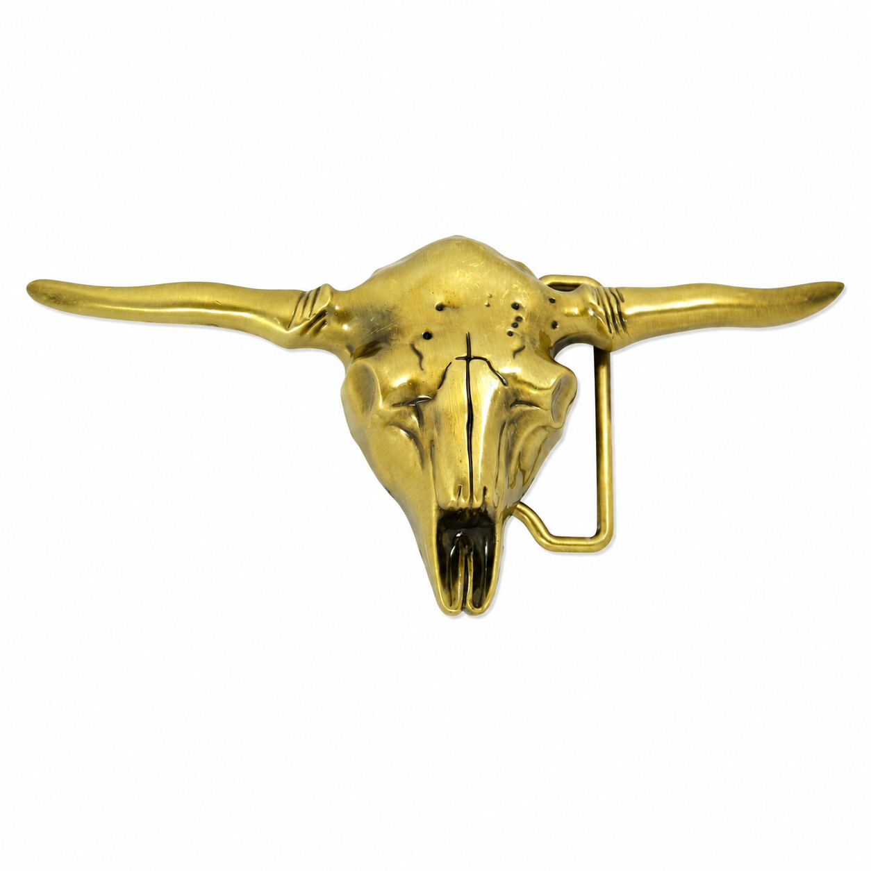 A gold-toned metal belt buckle shaped like a longhorn steer skull, featuring long curved horns and a hidden fastening bar on the right side, shown against a plain white background.