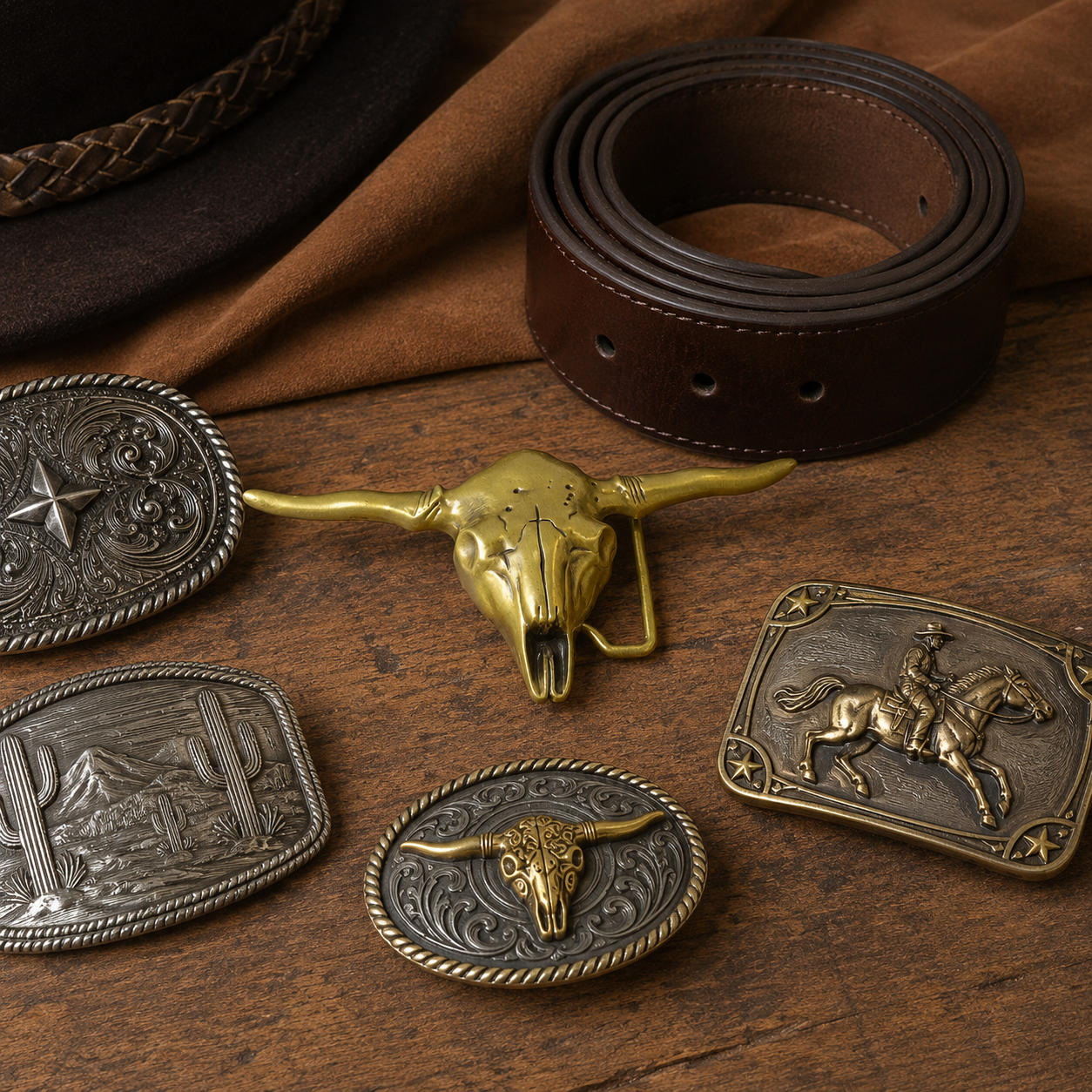 A styled flat-lay of western belt buckles and a brown leather belt on a wooden surface with draped brown fabric. The belt features a rolled dark brown leather loop with silver rivets and a stitched edge.