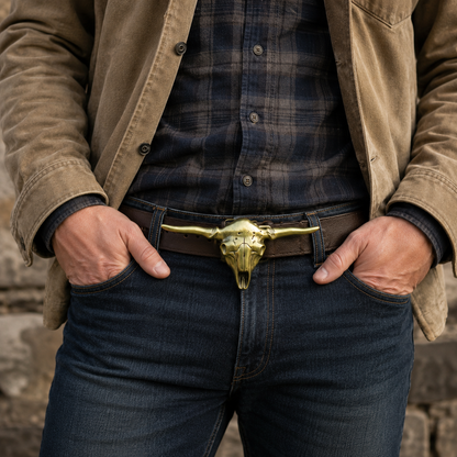 A close-up of a man wearing a brown leather belt with a brass steer skull buckle, styled with a brown shirt jacket, plaid shirt, and dark blue jeans.