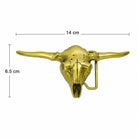 brass metal longhorn skull buckle with long curved horns and a vertical mounting loop, shown on a white background with dimension lines indicating 14 cm width and 6.5 cm height.