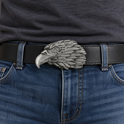 Eagle Head Belt Buckle worn with black 38 mm leather belt - male lifestyle
