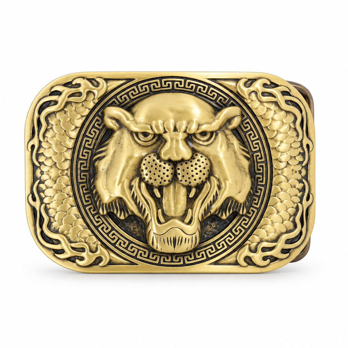 Antique gold tiger head belt buckle with ornate raised animal detailing