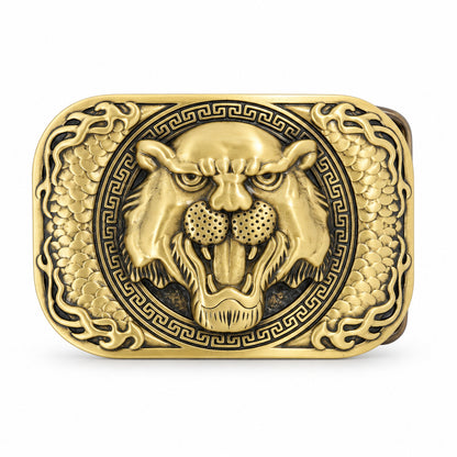 Antique gold tiger head belt buckle with ornate raised animal detailing