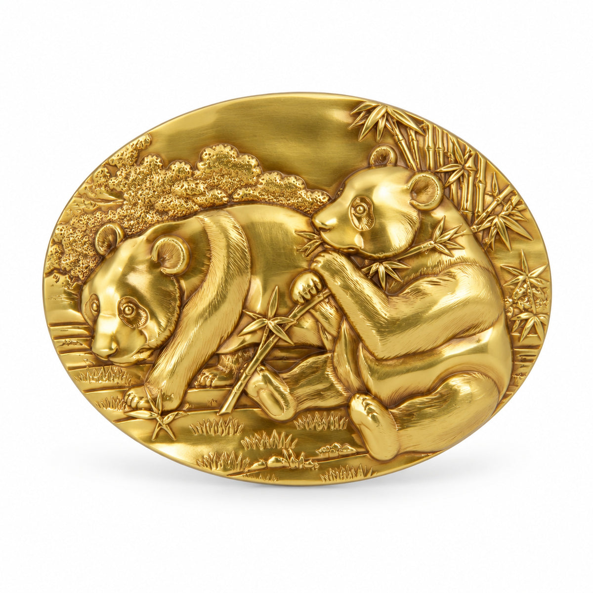 Golden Panda Belt Buckle front view - gold panda bamboo design