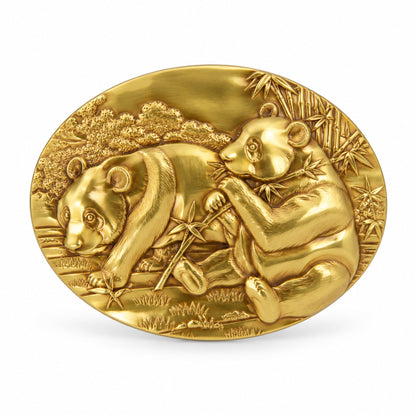Golden Panda Belt Buckle front view - gold panda bamboo design