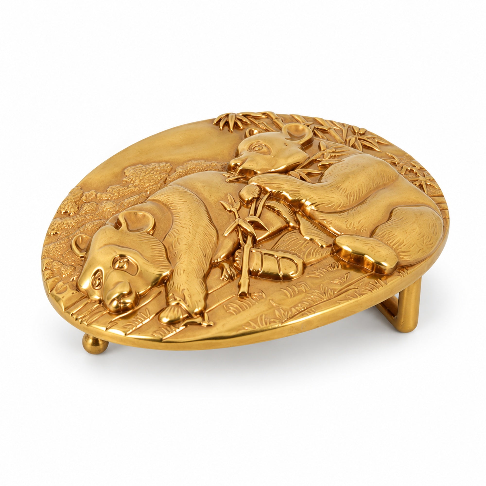 Golden Panda Belt Buckle angled view - gold panda bamboo design