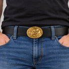Golden Panda Belt Buckle worn by man on black 38 mm leather belt