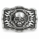 Grey skull and flames belt buckle with raised metal detailing