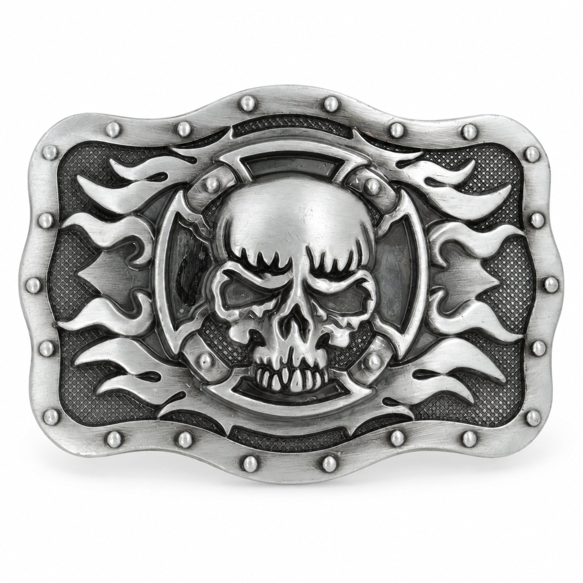 Grey skull and flames belt buckle with raised metal detailing
