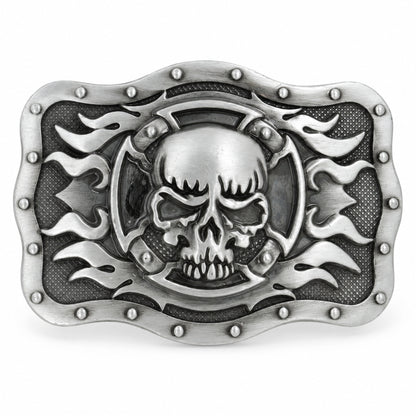 Grey skull and flames belt buckle with raised metal detailing