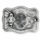 Rear of grey skull belt buckle showing belt loop and fastening stud